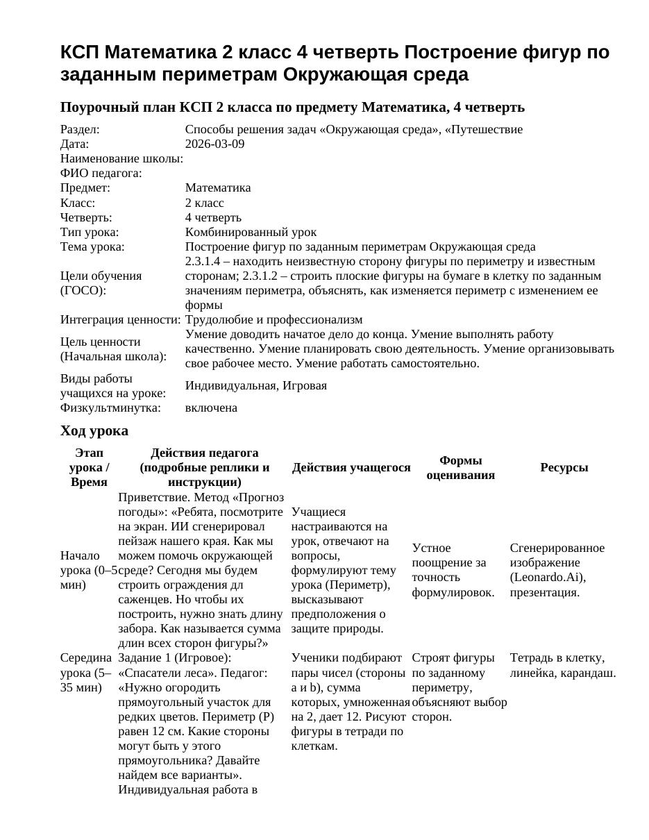 КСП Математика 2 класс 4 четверть Построение фигур по заданным периметрам Окружающая среда