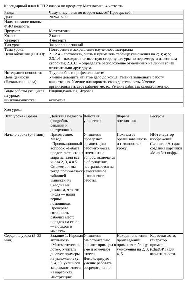 КСП Математика 2класс 4 четверть Повторение и закрепление изученного