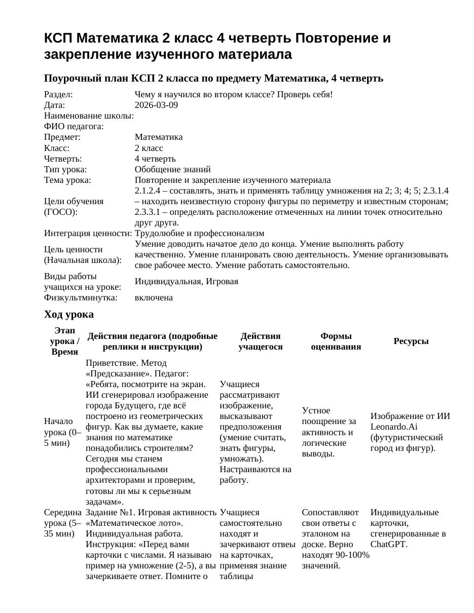 КСП Математика 2 класс 4 четверть Повторение и закрепление изученного материала