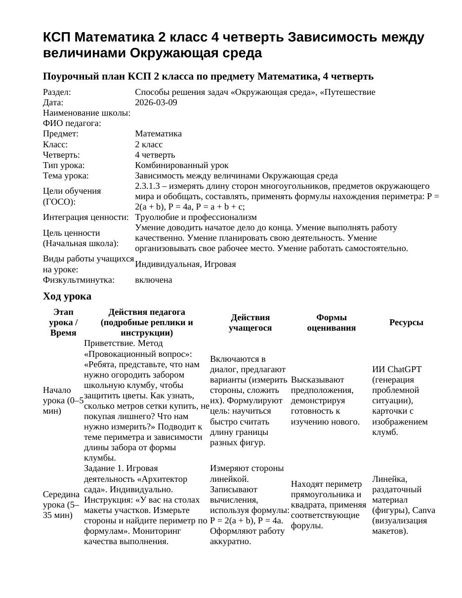 КСП Математика 2 класс 4 четверть Зависимость между величинами Окружающая среда
