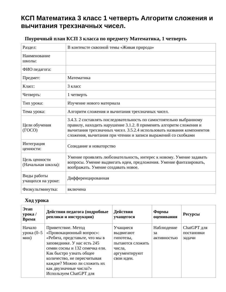 КСП Математика 3 класс 1 четверть Алгоритм сложения и вычитания трехзначных чисел.