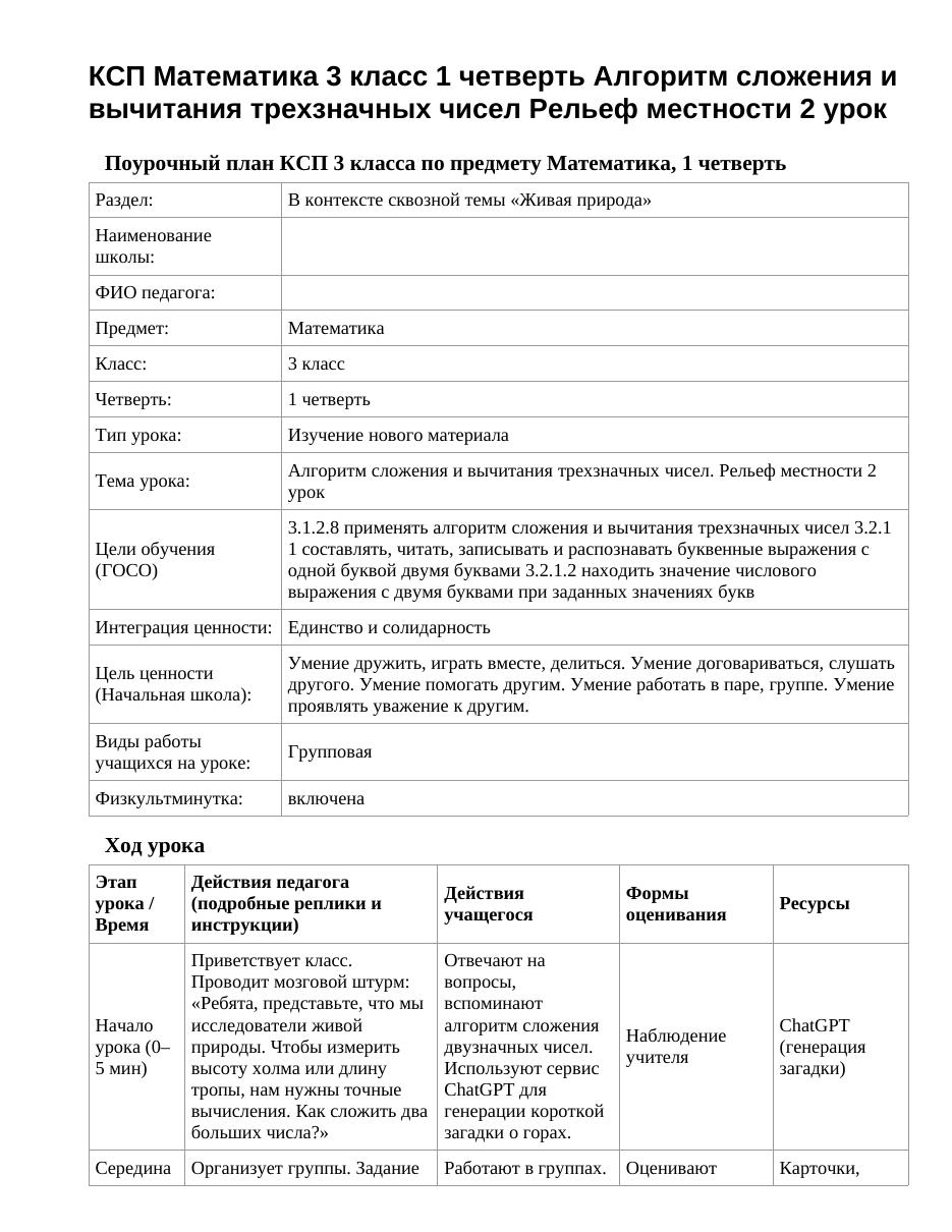 КСП Математика 3 класс 1 четверть Алгоритм сложения и вычитания трехзначных чисел Рельеф местности 2 урок