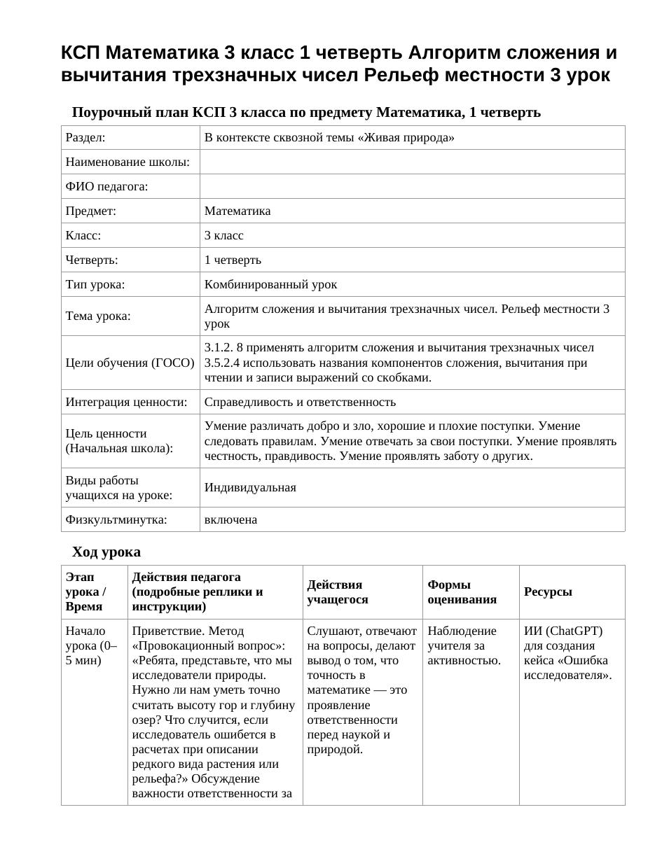 КСП Математика 3 класс 1 четверть Алгоритм сложения и вычитания трехзначных чисел Рельеф местности 3 урок