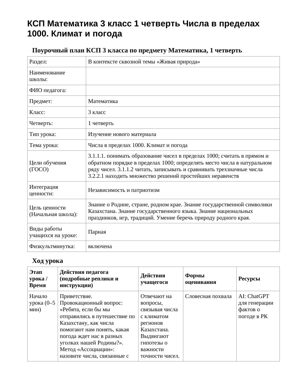 КСП Математика 3 класс 1 четверть Числа в пределах 1000. Климат и погода