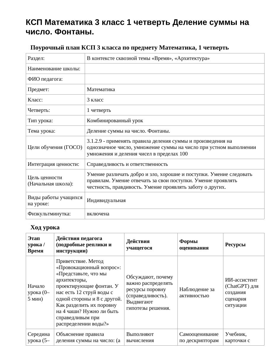КСП Математика 3 класс 1 четверть Деление суммы на число. Фонтаны.