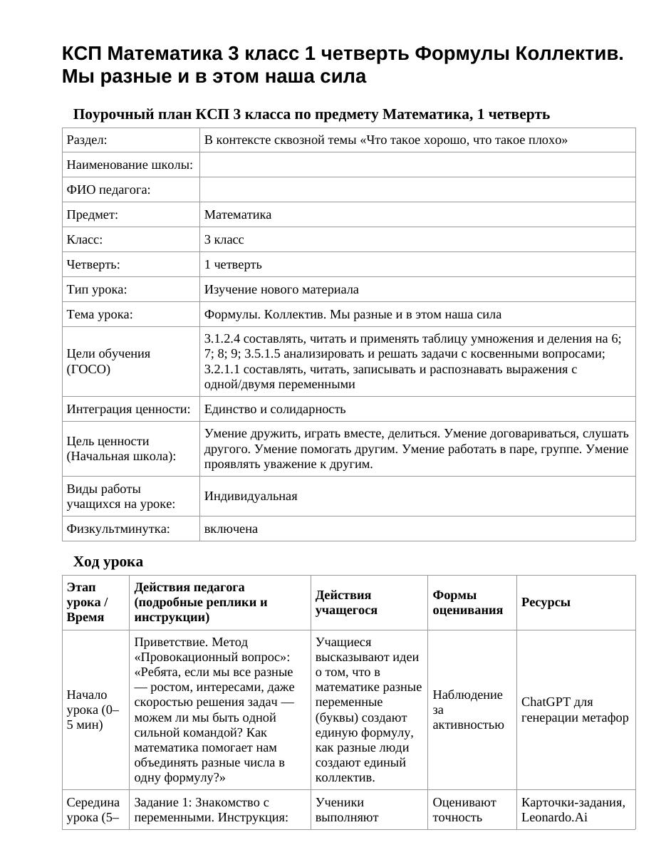 КСП Математика 3 класс 1 четверть Формулы Коллектив. Мы разные и в этом наша сила