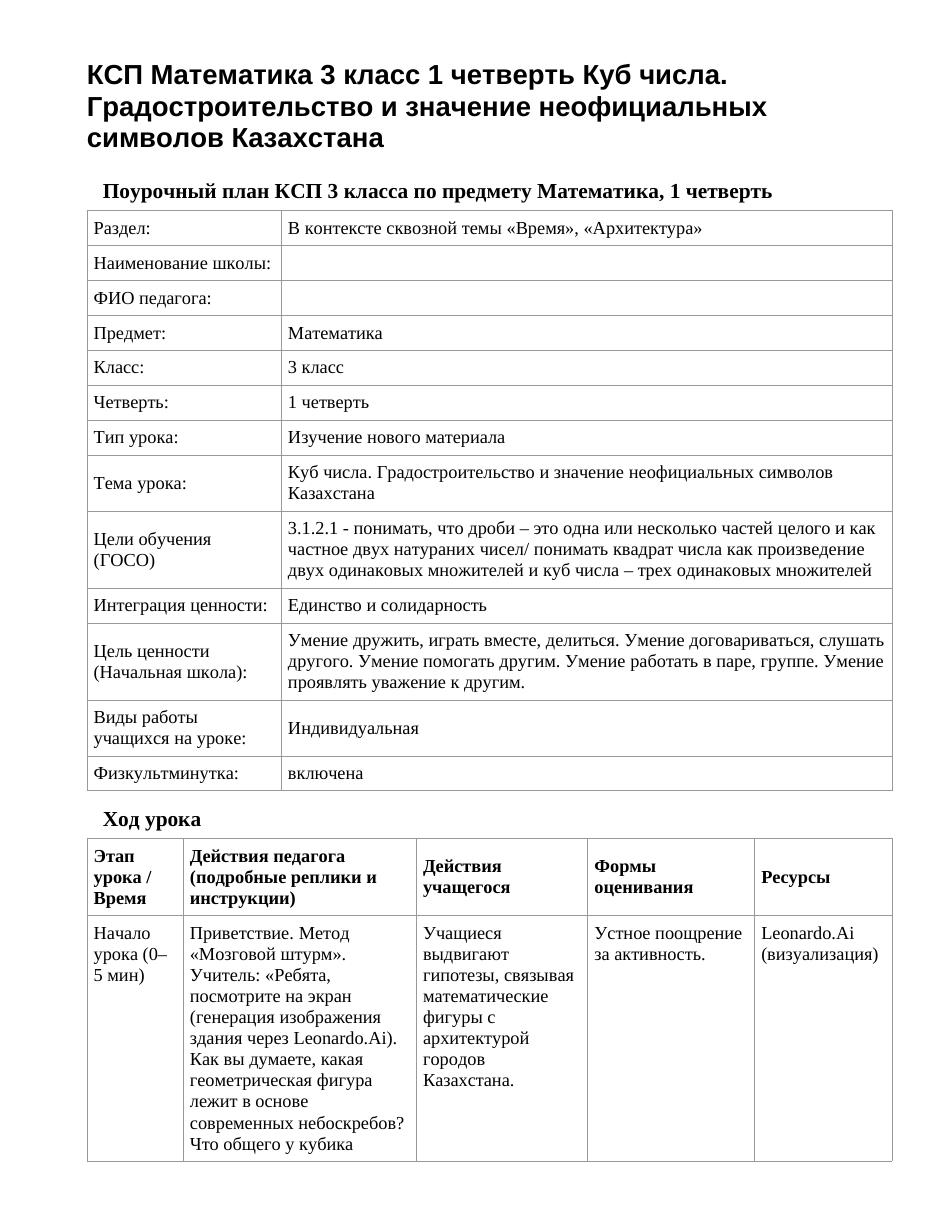 КСП Математика 3 класс 1 четверть Куб числа. Градостроительство и значение неофициальных символов Казахстана