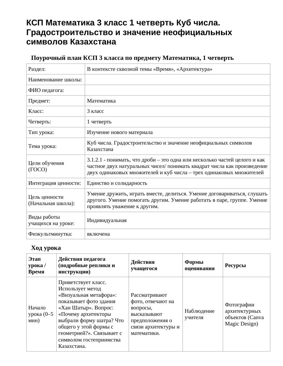 КСП Математика 3 класс 1 четверть Куб числа. Градостроительство и значение неофициальных символов Казахстана