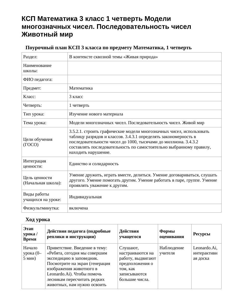 КСП Математика 3 класс 1 четверть Модели многозначных чисел. Последовательность чисел Животный мир