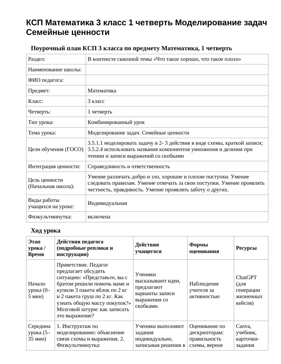 КСП Математика 3 класс 1 четверть Моделирование задач Семейные ценности