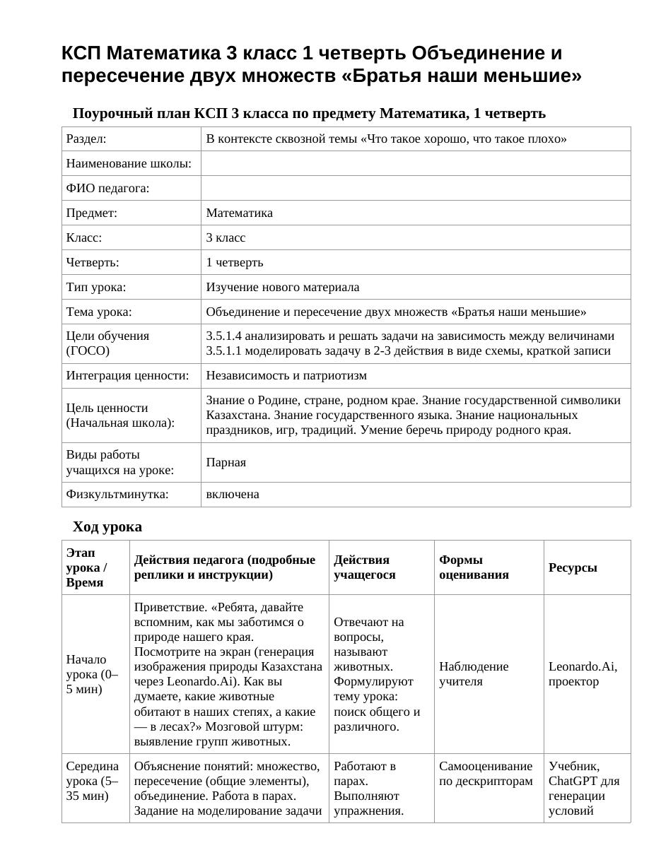 КСП Математика 3 класс 1 четверть Объединение и пересечение двух множеств «Братья наши меньшие»