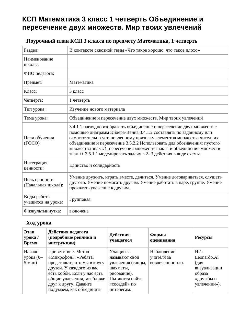 КСП Математика 3 класс 1 четверть Объединение и пересечение двух множеств. Мир твоих увлечений