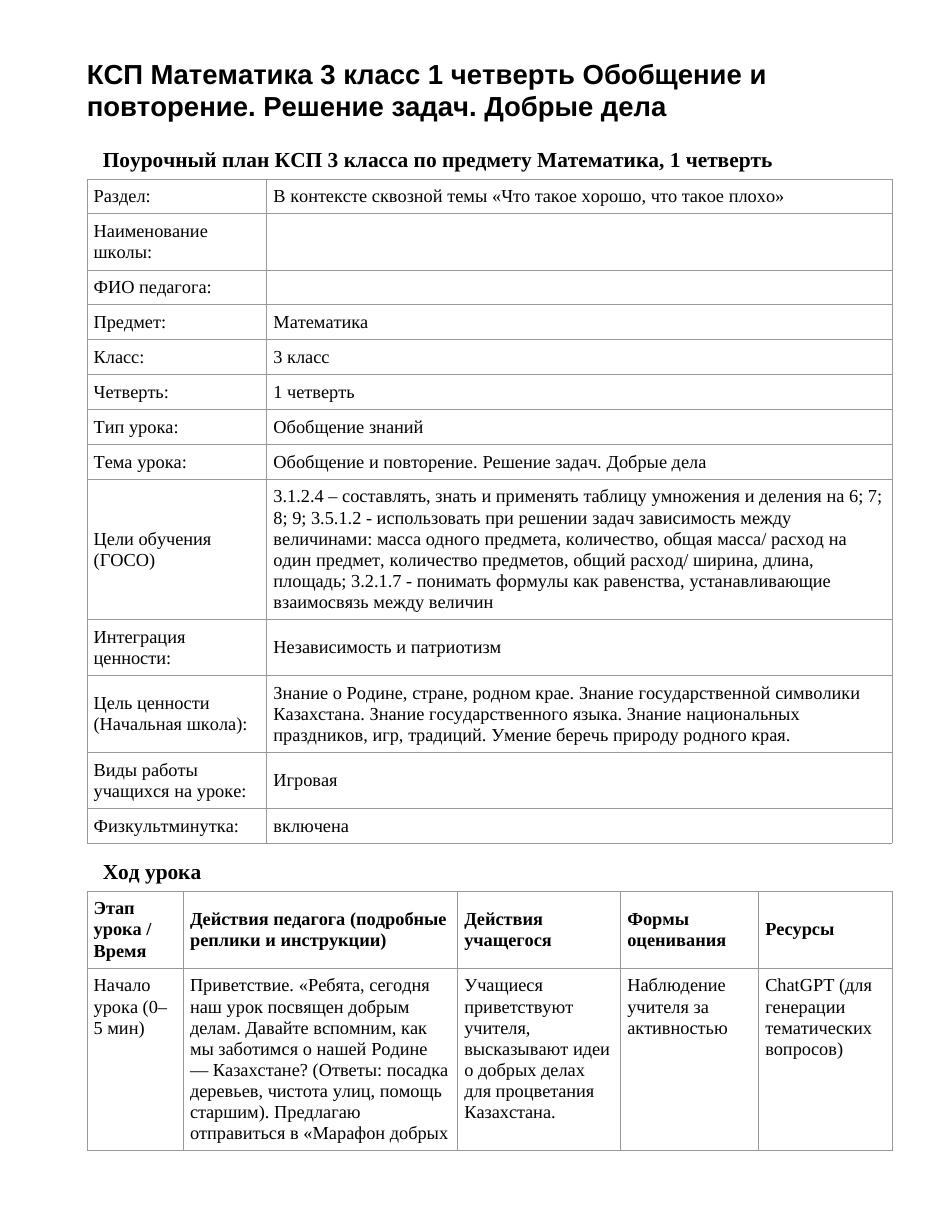 КСП Математика 3 класс 1 четверть Обобщение и повторение. Решение задач. Добрые дела