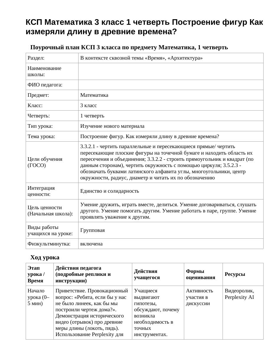 КСП Математика 3 класс 1 четверть Построение фигур Как измеряли длину в древние времена?