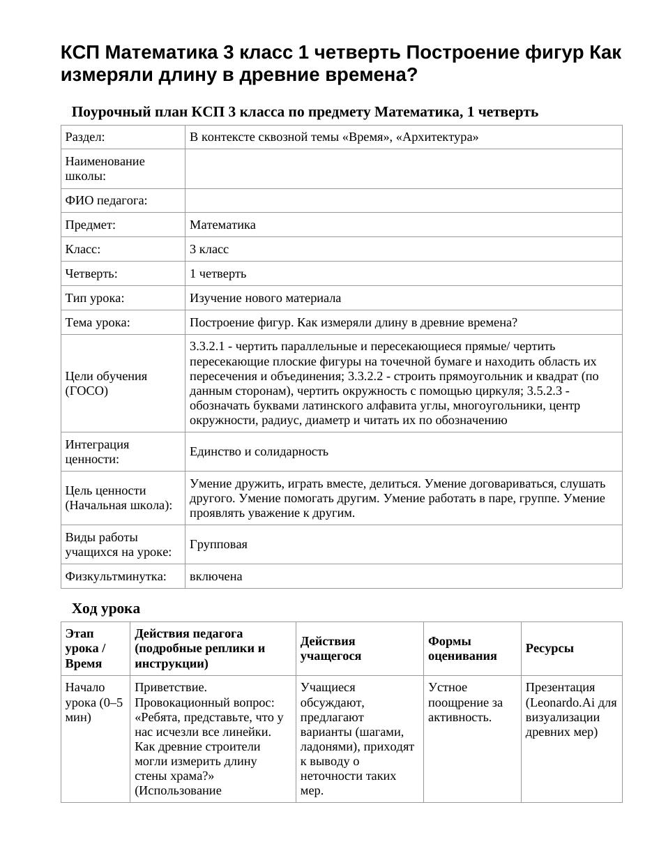 КСП Математика 3 класс 1 четверть Построение фигур Как измеряли длину в древние времена?