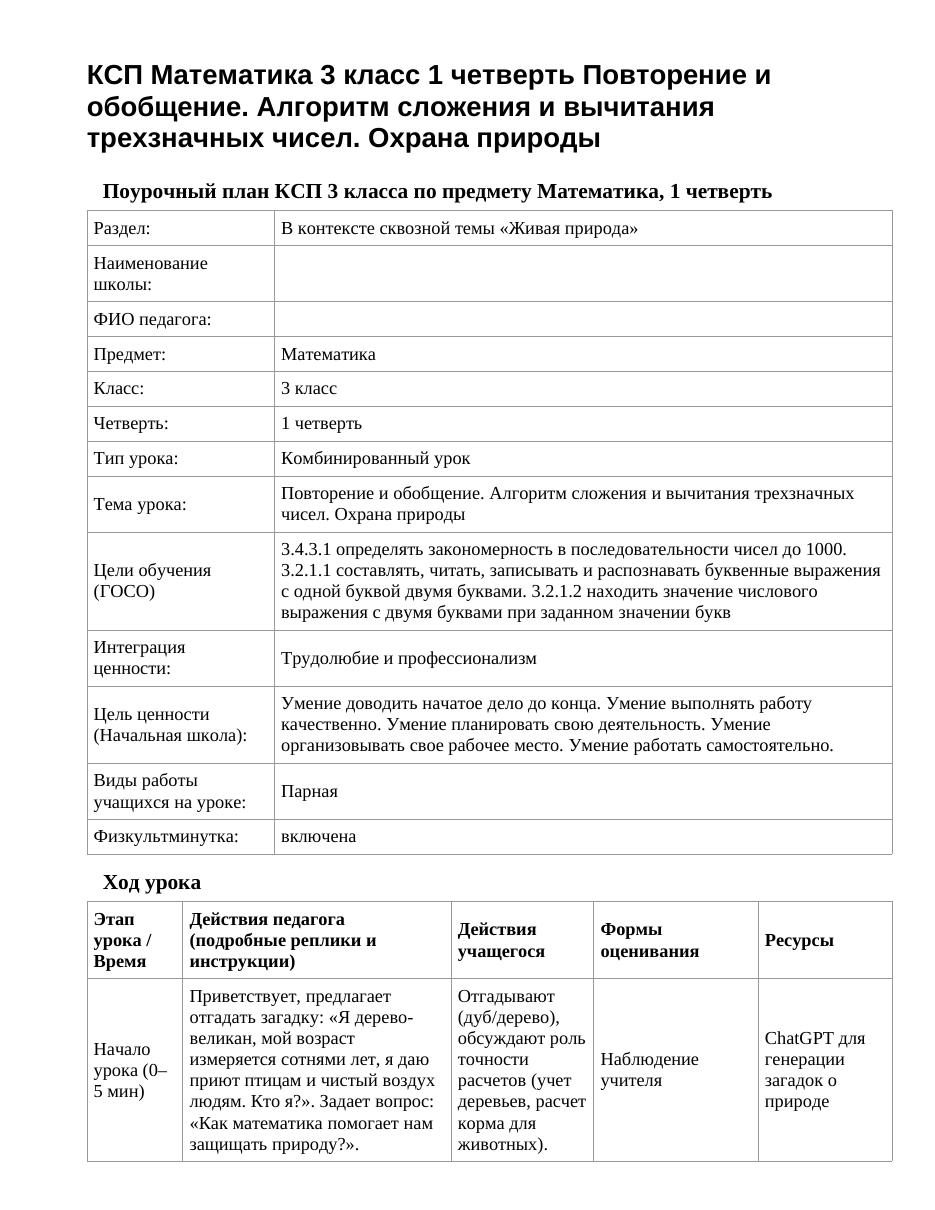 КСП Математика 3 класс 1 четверть Повторение и обобщение. Алгоритм сложения и вычитания трехзначных чисел. Охрана природы
