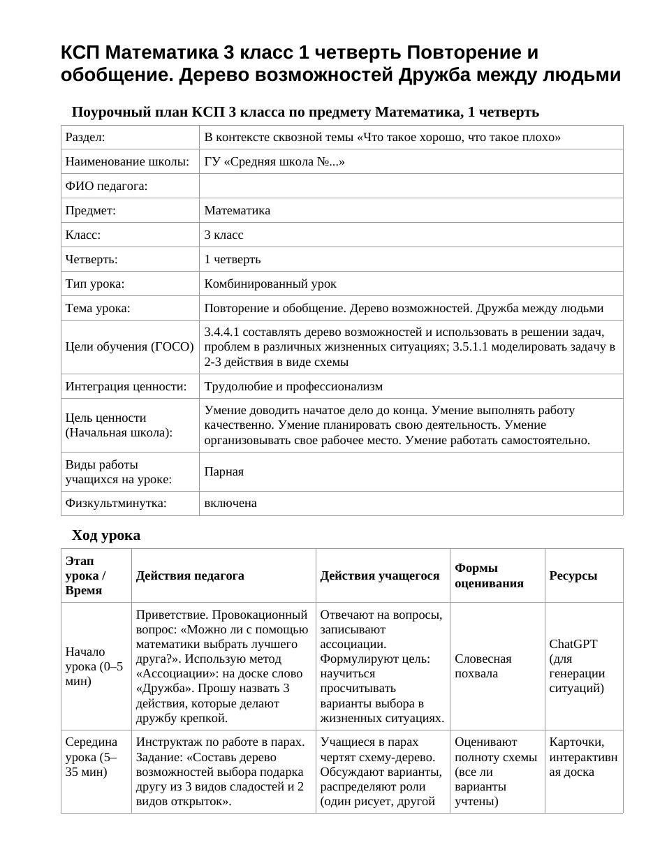 КСП Математика 3 класс 1 четверть Повторение и обобщение. Дерево возможностей Дружба между людьми