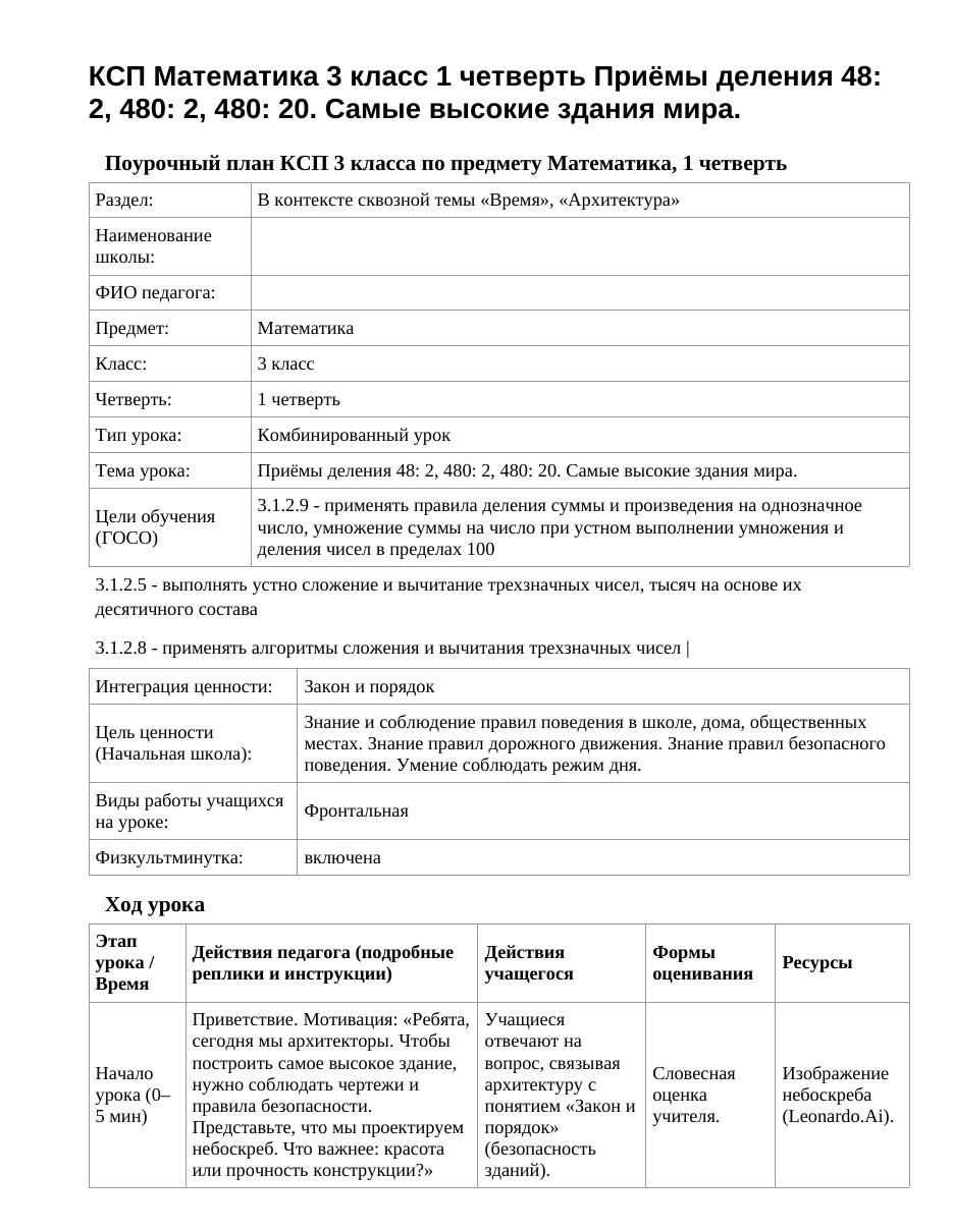 КСП Математика 3 класс 1 четверть Приёмы деления 48: 2, 480: 2, 480: 20. Самые высокие здания мира.