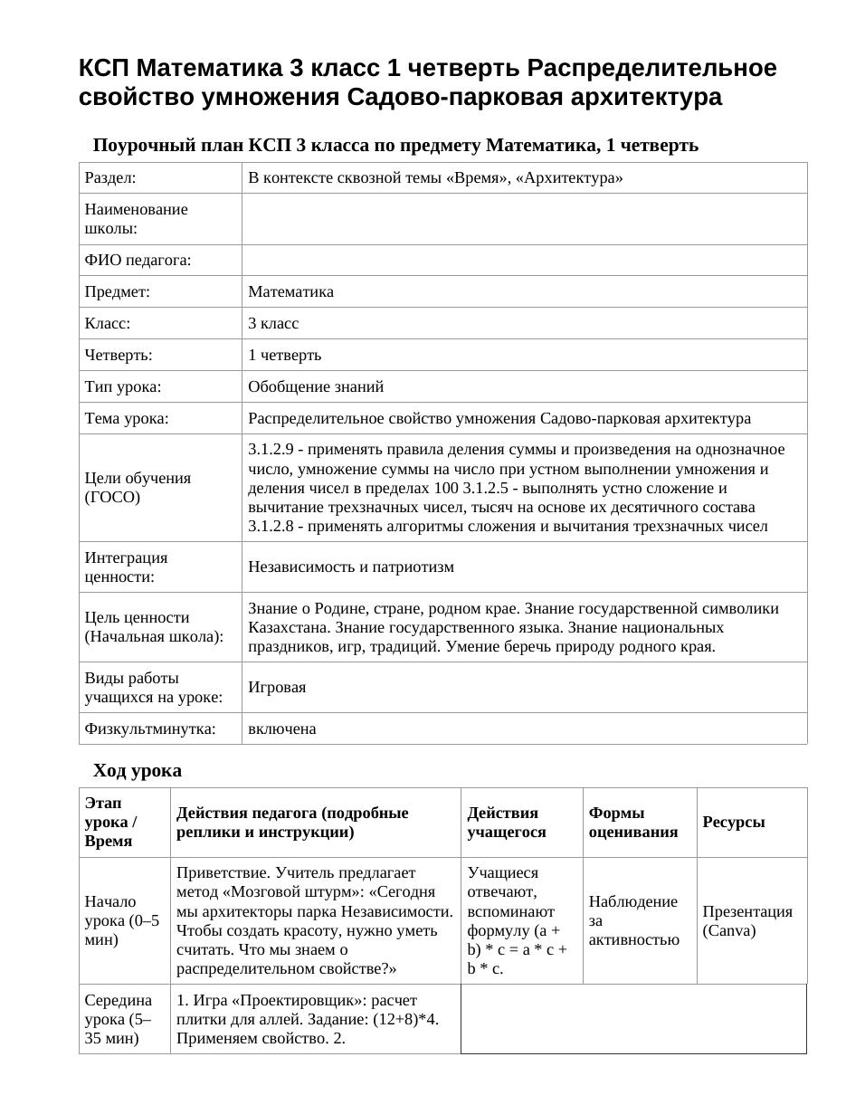 КСП Математика 3 класс 1 четверть Распределительное свойство умножения Садово-парковая архитектура