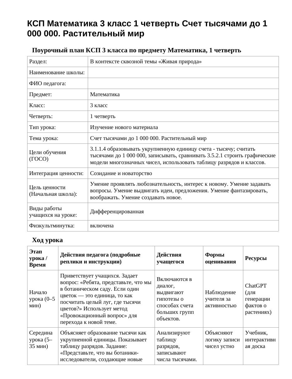 КСП Математика 3 класс 1 четверть Счет тысячами до 1 000 000. Растительный мир