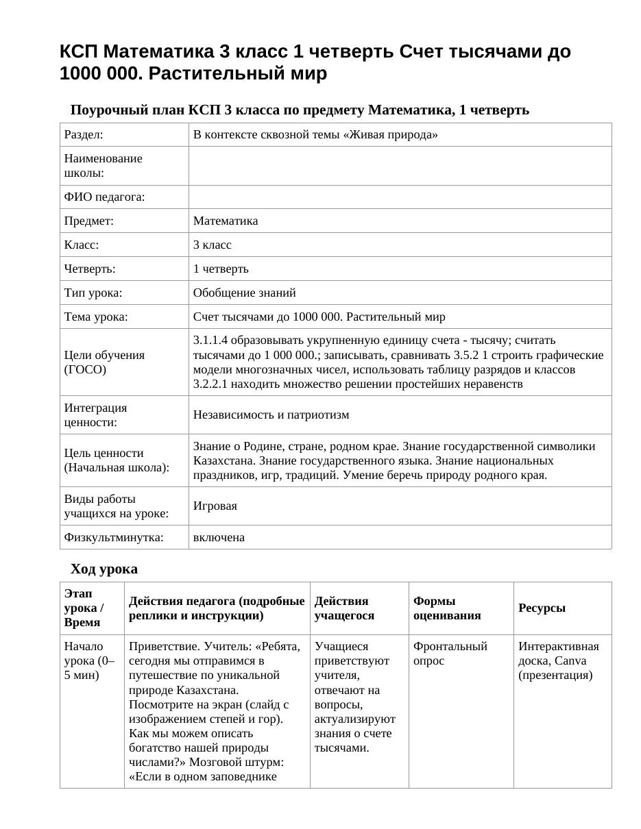 КСП Математика 3 класс 1 четверть Счет тысячами до 1000 000. Растительный мир