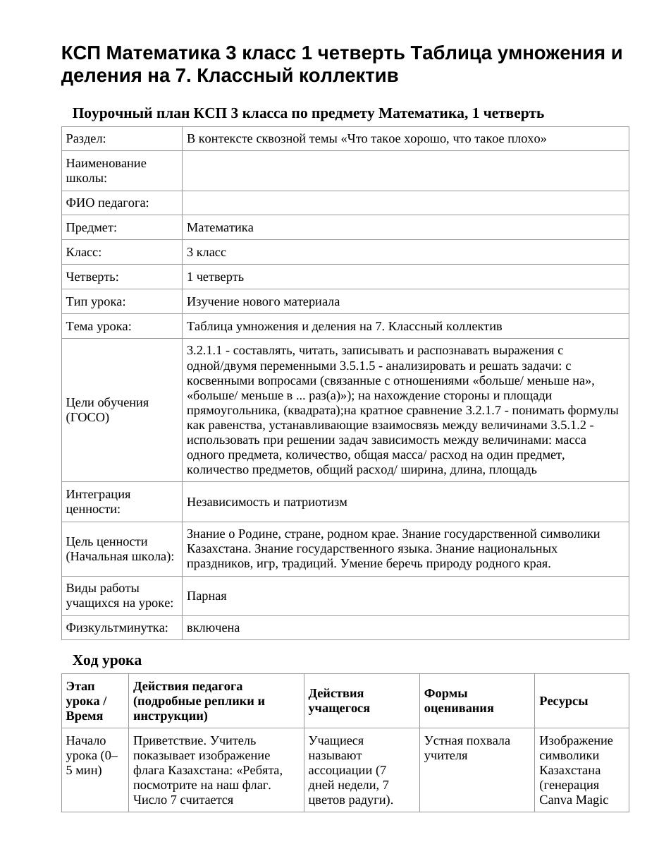 КСП Математика 3 класс 1 четверть Таблица умножения и деления на 7. Классный коллектив