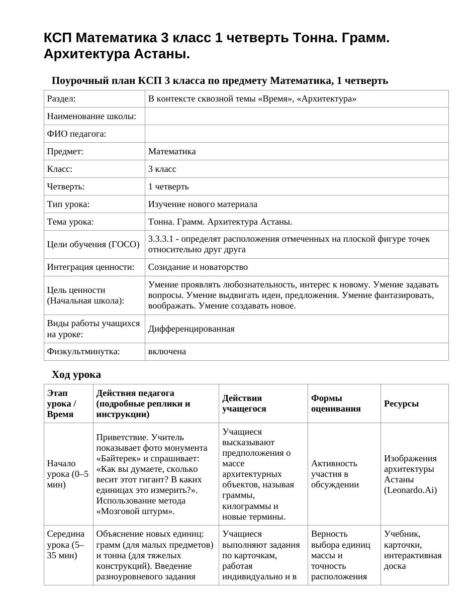 КСП Математика 3 класс 1 четверть Тонна. Грамм. Архитектура Астаны.