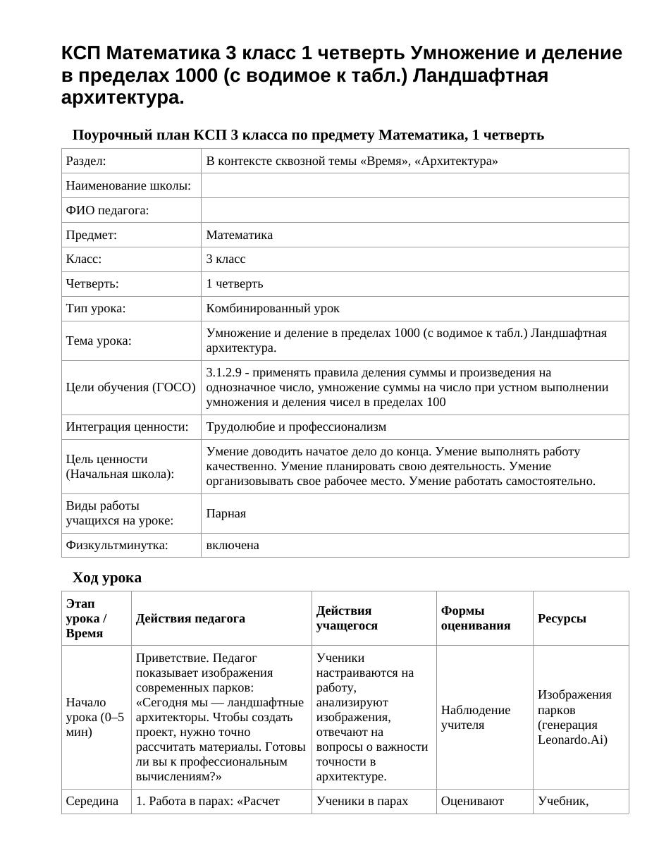 КСП Математика 3 класс 1 четверть Умножение и деление в пределах 1000 (с водимое к табл.) Ландшафтная архитектура.