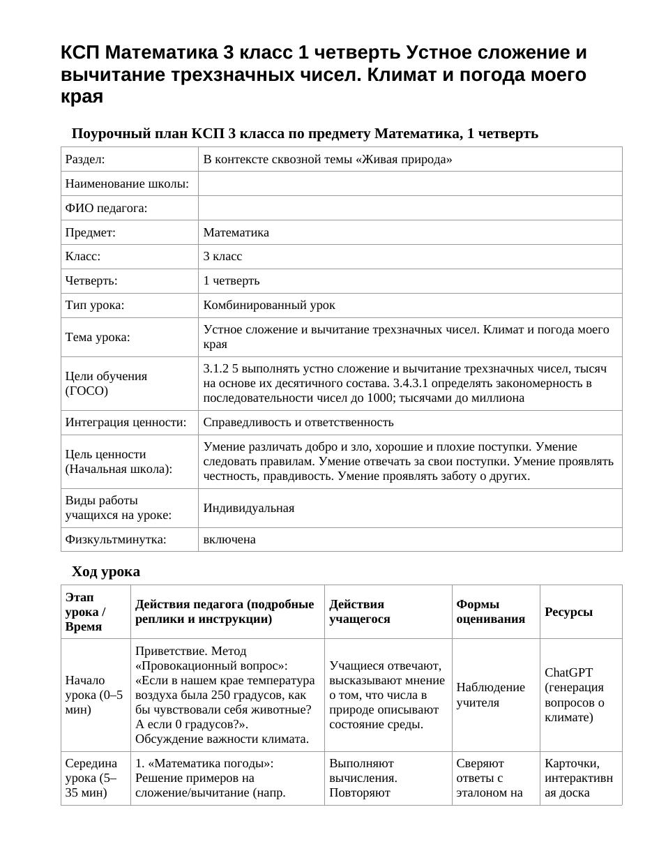 КСП Математика 3 класс 1 четверть Устное сложение и вычитание трехзначных чисел. Климат и погода моего края