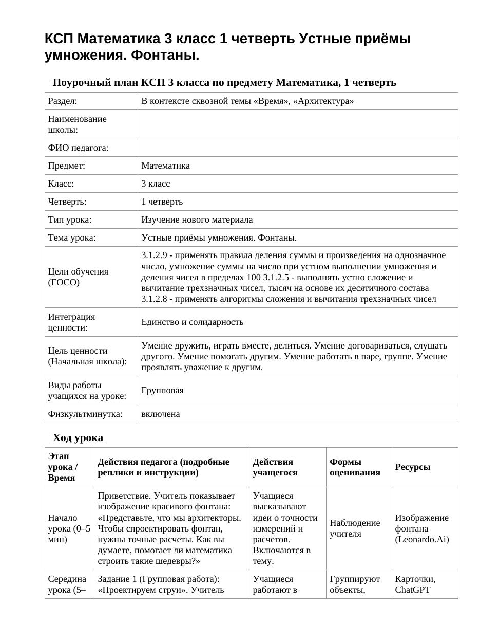 КСП Математика 3 класс 1 четверть Устные приёмы умножения. Фонтаны.