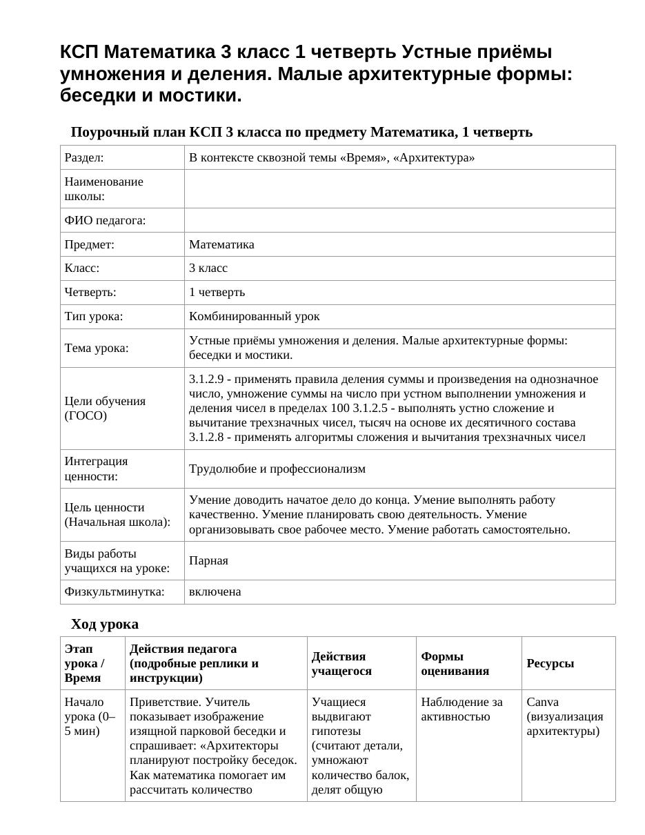 КСП Математика 3 класс 1 четверть Устные приёмы умножения и деления. Малые архитектурные формы: беседки и мостики.