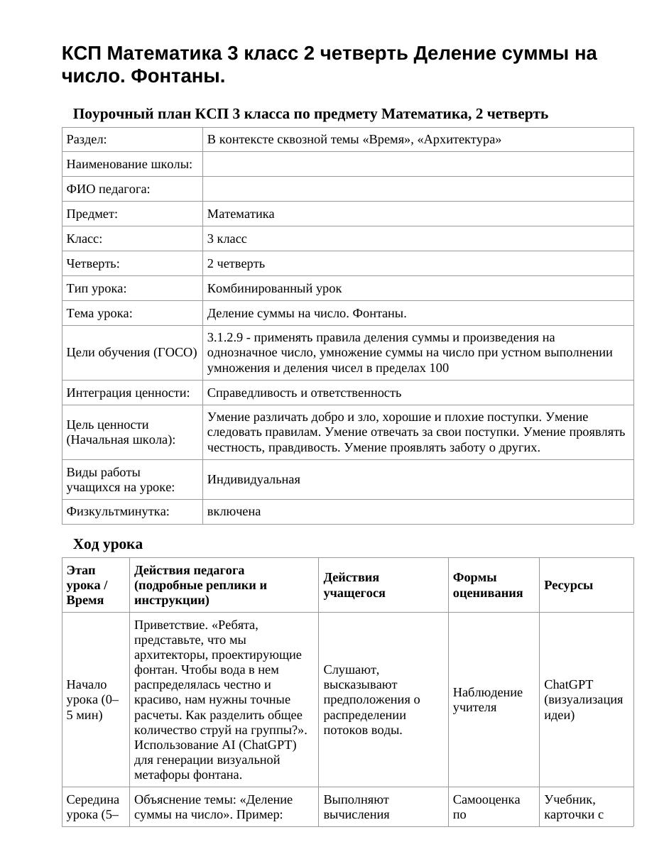 КСП Математика 3 класс 2 четверть Деление суммы на число. Фонтаны.