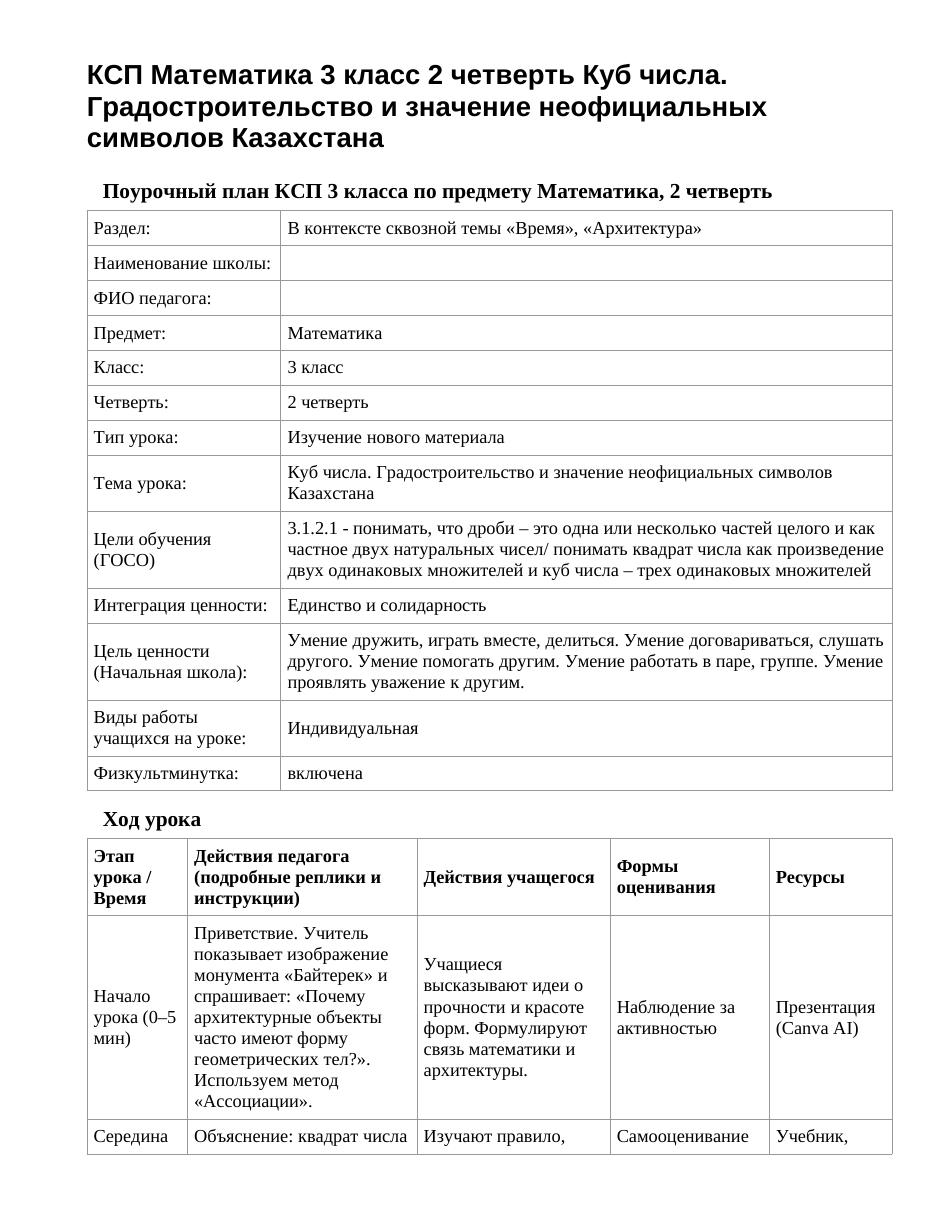 КСП Математика 3 класс 2 четверть Куб числа. Градостроительство и значение неофициальных символов Казахстана