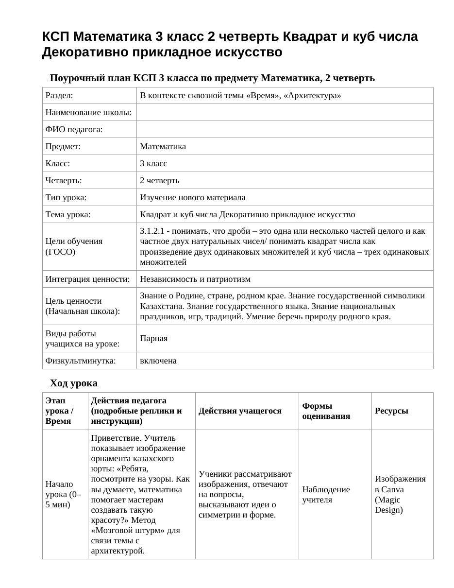 КСП Математика 3 класс 2 четверть Квадрат и куб числа Декоративно прикладное искусство