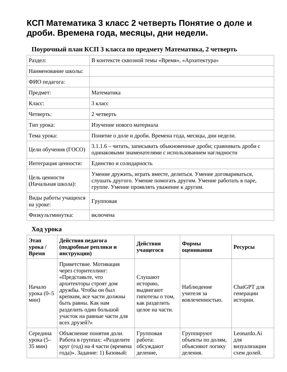 КСП Математика 3 класс 2 четверть Понятие о доле и дроби. Времена года, месяцы, дни недели.