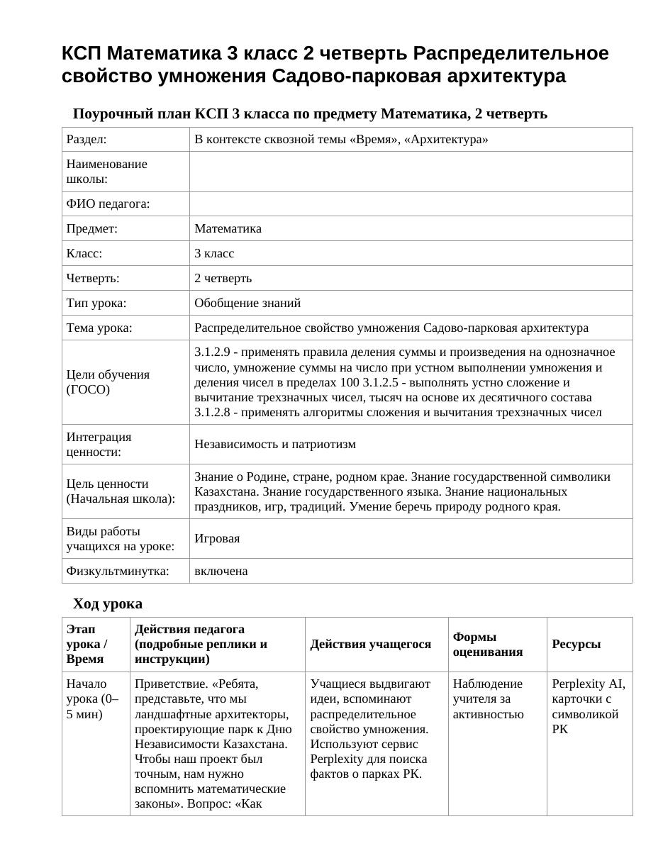 КСП Математика 3 класс 2 четверть Распределительное свойство умножения Садово-парковая архитектура