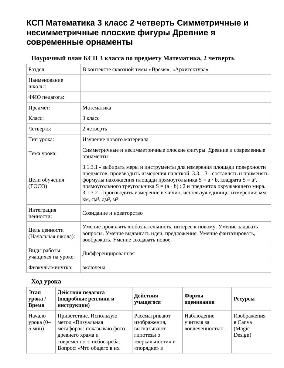 КСП Математика 3 класс 2 четверть Симметричные и несимметричные плоские фигуры Древние я современные орнаменты