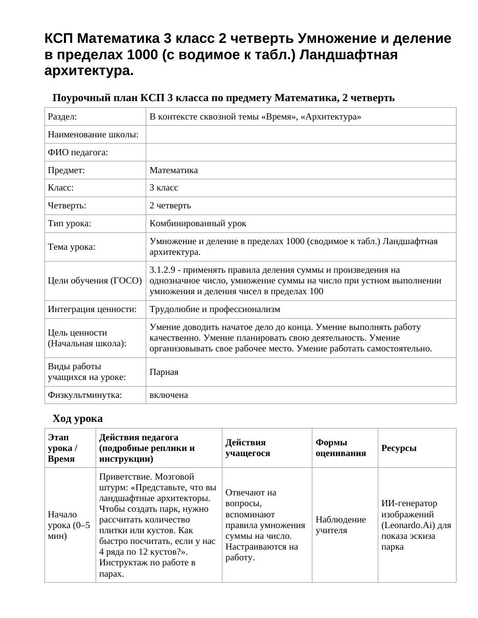 КСП Математика 3 класс 2 четверть Умножение и деление в пределах 1000 (с водимое к табл.) Ландшафтная архитектура.
