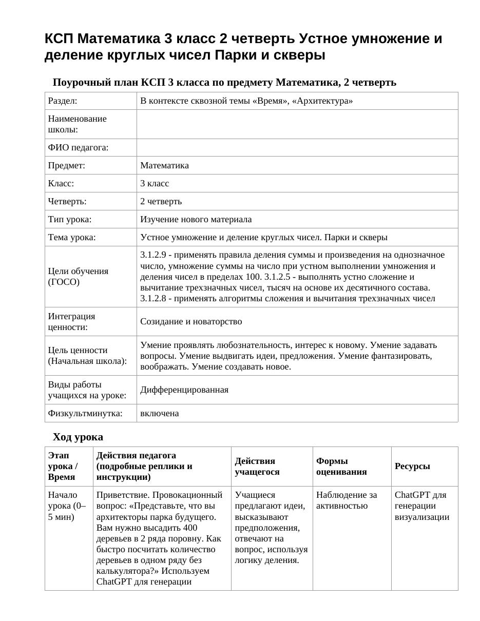 КСП Математика 3 класс 2 четверть Устное умножение и деление круглых чисел Парки и скверы