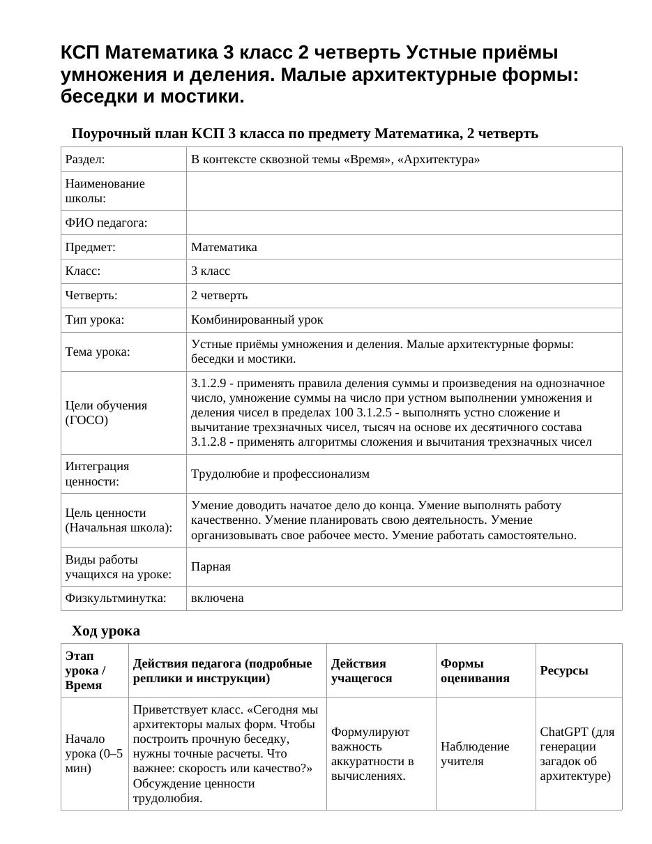 КСП Математика 3 класс 2 четверть Устные приёмы умножения и деления. Малые архитектурные формы: беседки и мостики.