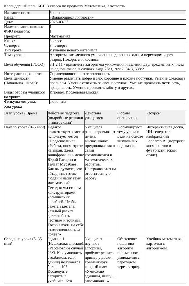 КСП Математика 3 класс 3 четверть Алгоритм письменного умножения (урок 9)