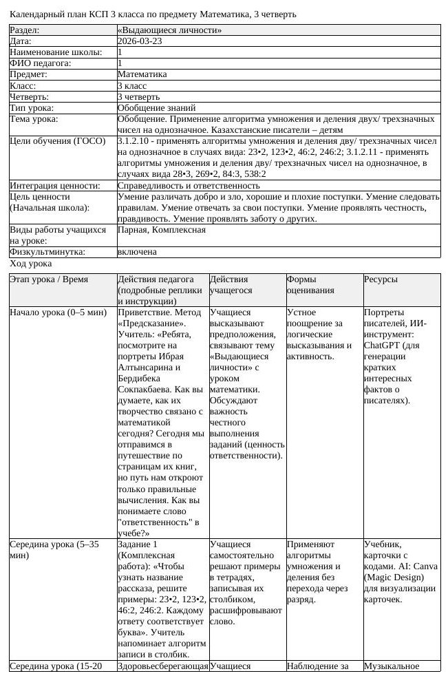КСП Математика 3класс 3 четверть Обобщение Применение алгоритма