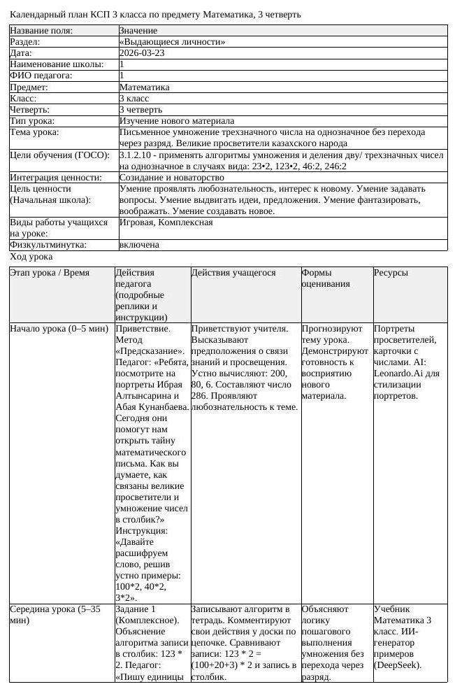 КСП Математика 3класс 3 четверть Письменное умножение трехзначного