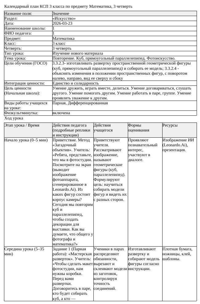 КСП Математика 3класс 3 четверть Повторение Куб прямоугольный параллелепипе