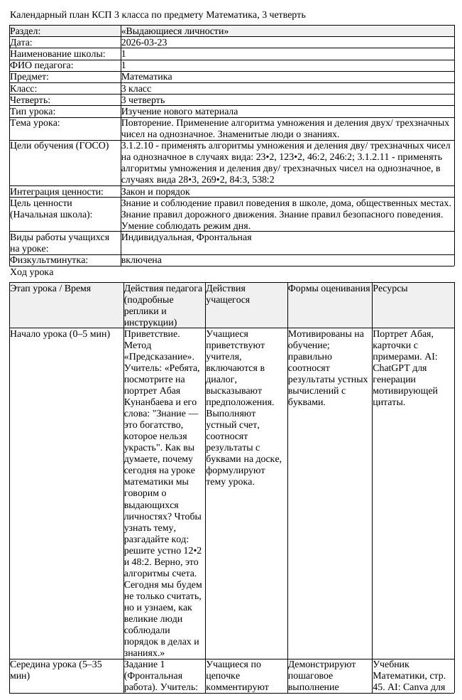 КСП Математика 3 класс 3 четверть Повторение Применение алгоритма