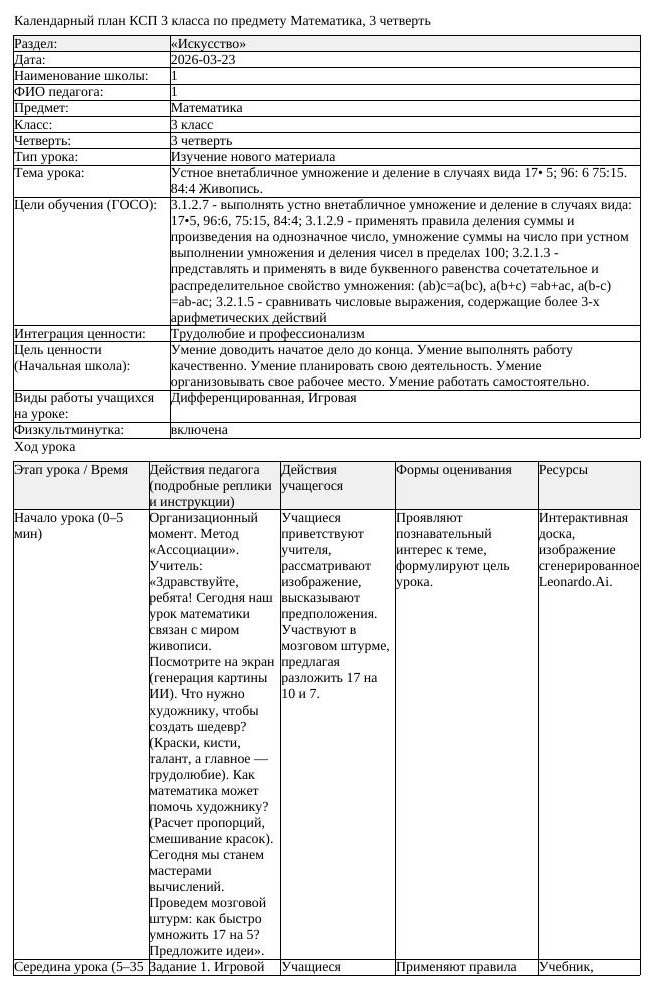 КСП Математика 3класс 3 четверть Устное внетабличное умножение и