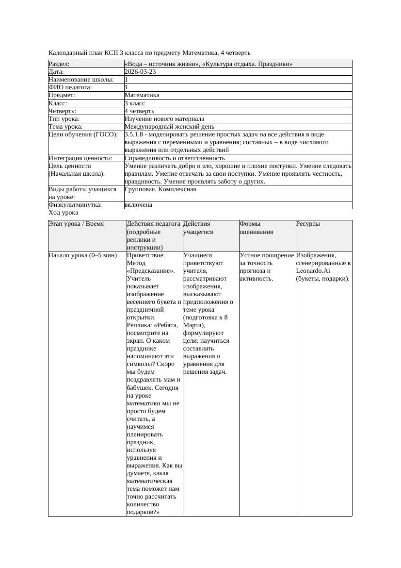 КСП Математика 3класс 4 четверть Международный женский день 20260323