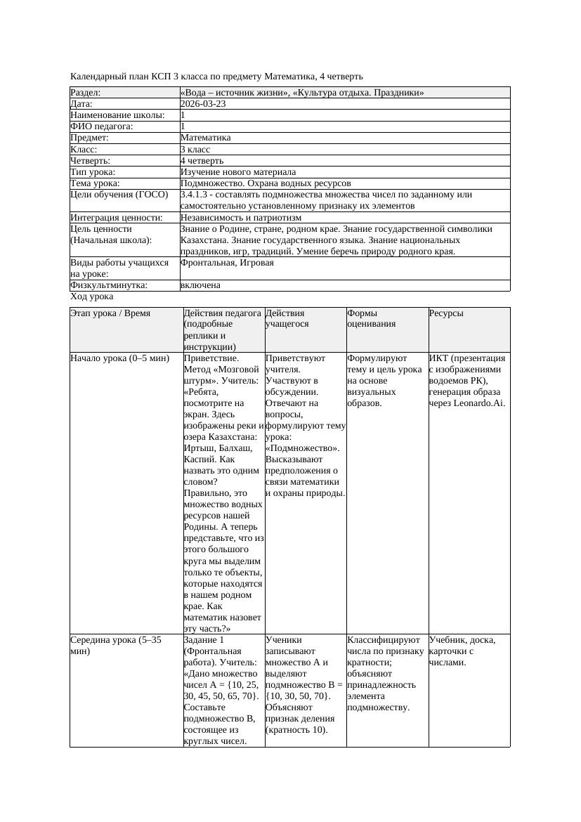 КСП Математика 3класс 4 четверть Подмножество Охрана водных ресурсов