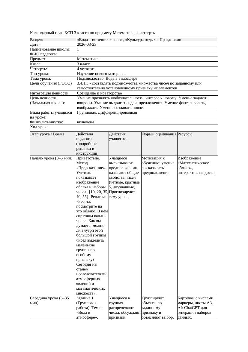 КСП Математика 3класс 4 четверть Подмножество Вода в атмосфере 20260323