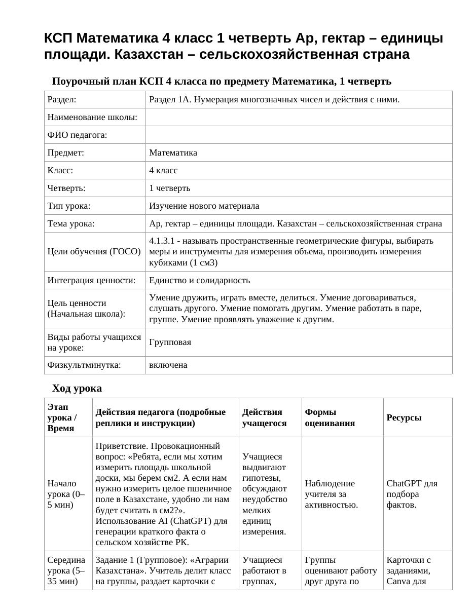 КСП Математика 4 класс 1 четверть Ар, гектар – единицы площади. Казахстан – сельскохозяйственная страна